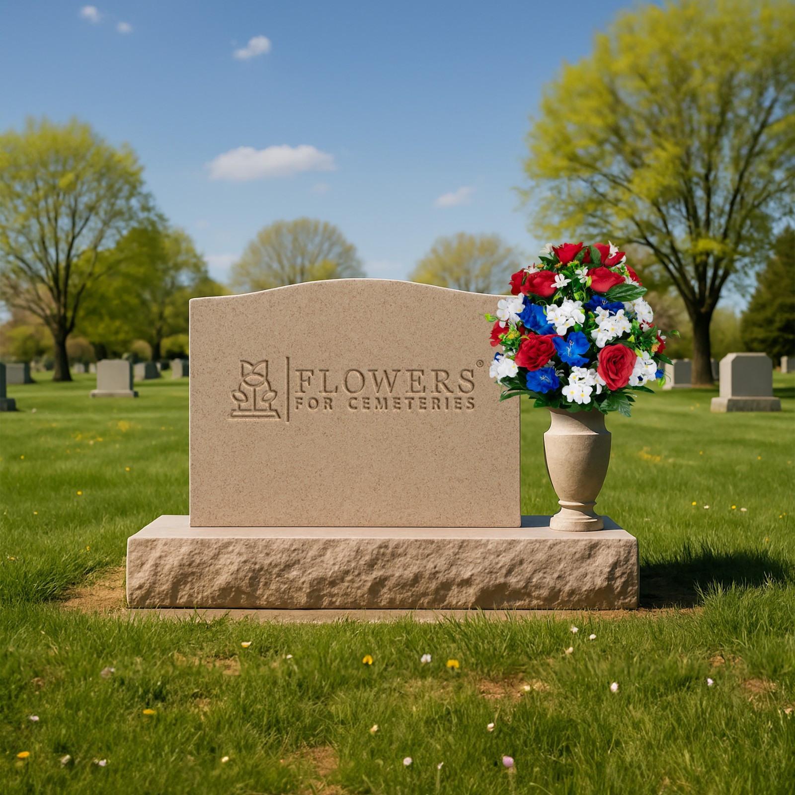 Artificial Gravesite Bouquet – Red Roses, White Hydrangea and Blue Alstroemeria