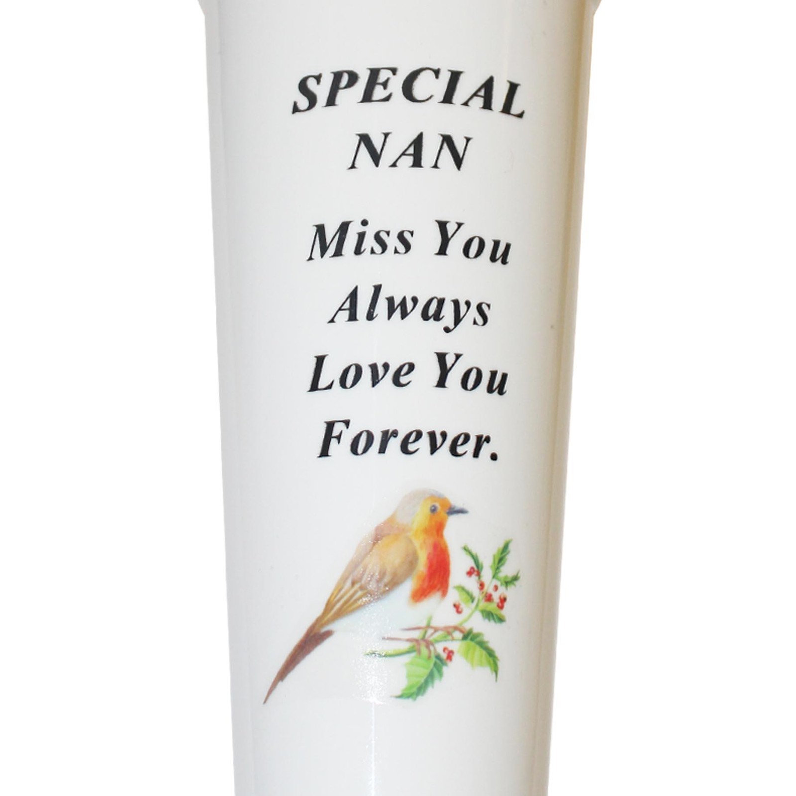 Memorial Graveside Flower Vase with Spike Robin Image – Special Nan