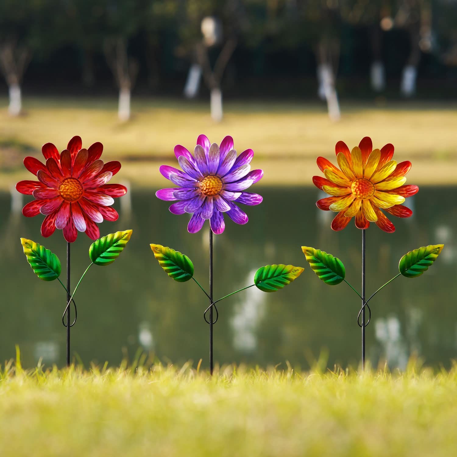 Set of 3 Metal Flower Garden Stakes Yard Lawn Ornaments Plant Pot Decor
