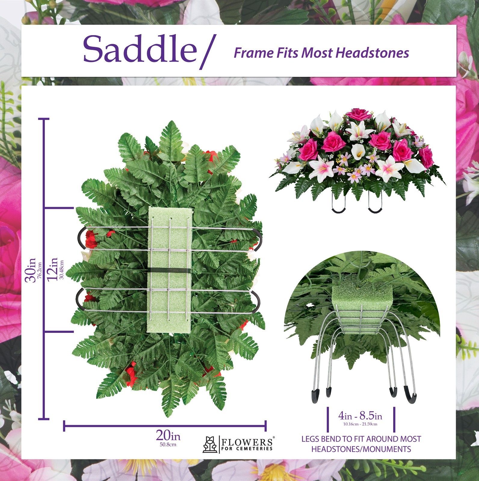 Artificial Headstone Saddle – Beauty Pink Roses, White Calla Lily and Lilies