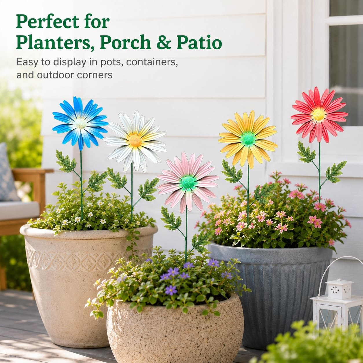 5 Pack Metal Flowers for Outside, 16.5 Inch Decorative Garden Stakes with Spr…