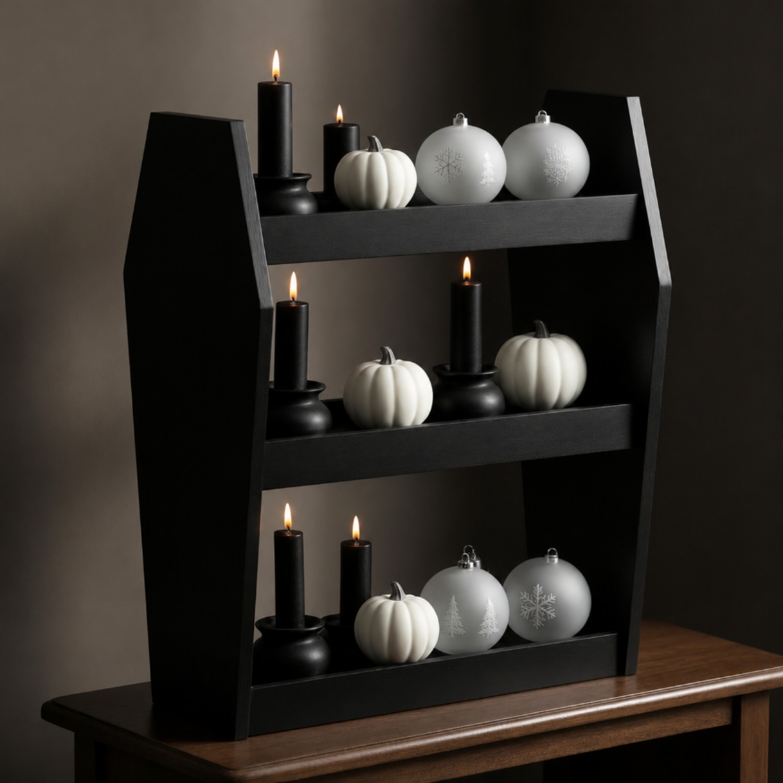3-Tier Tabletop Rack Stepped Silhouette Gothic Shelf Rack Black Finish