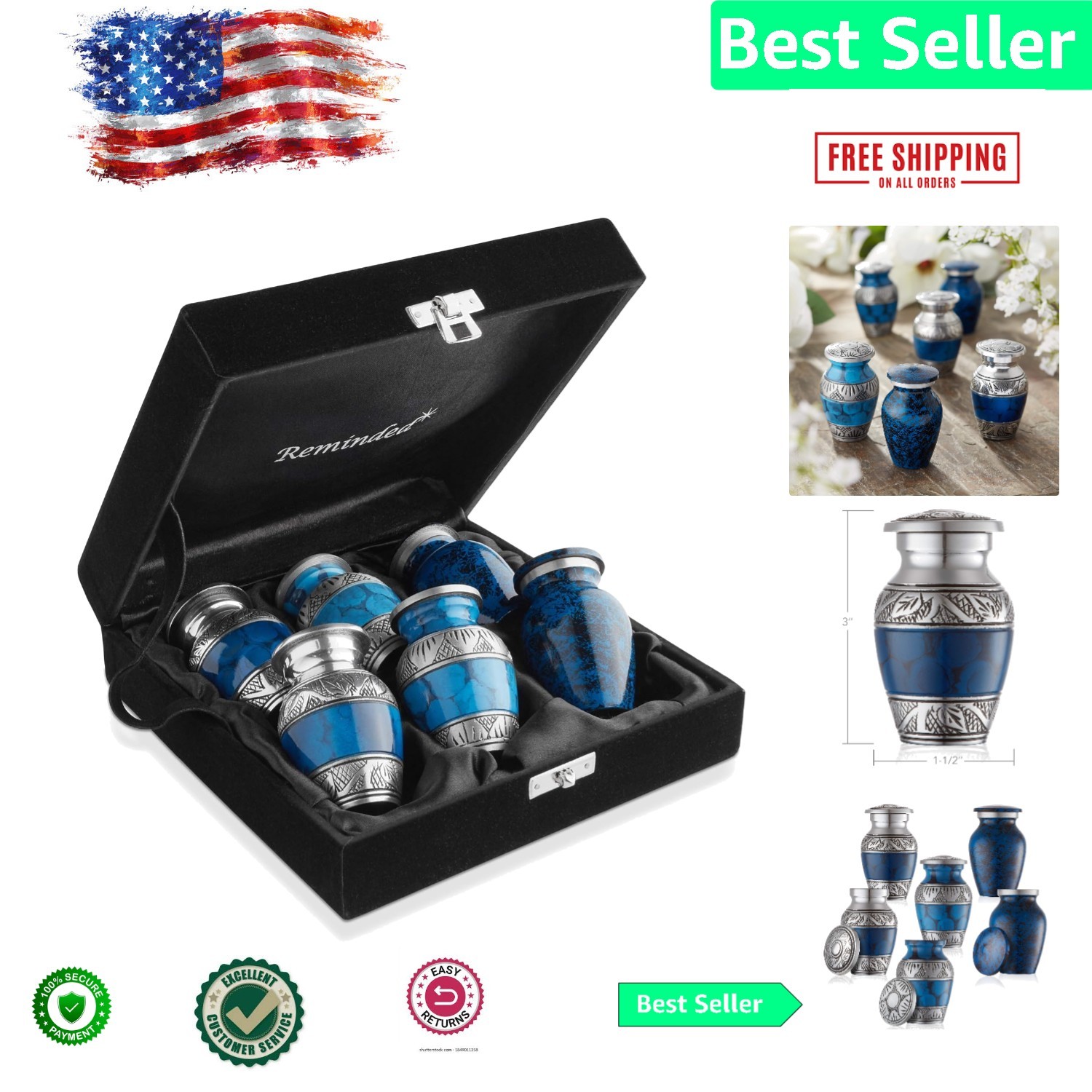 Timeless Blue and Silver Mini Urn Set – Durable Keepsake with Velvet Protection