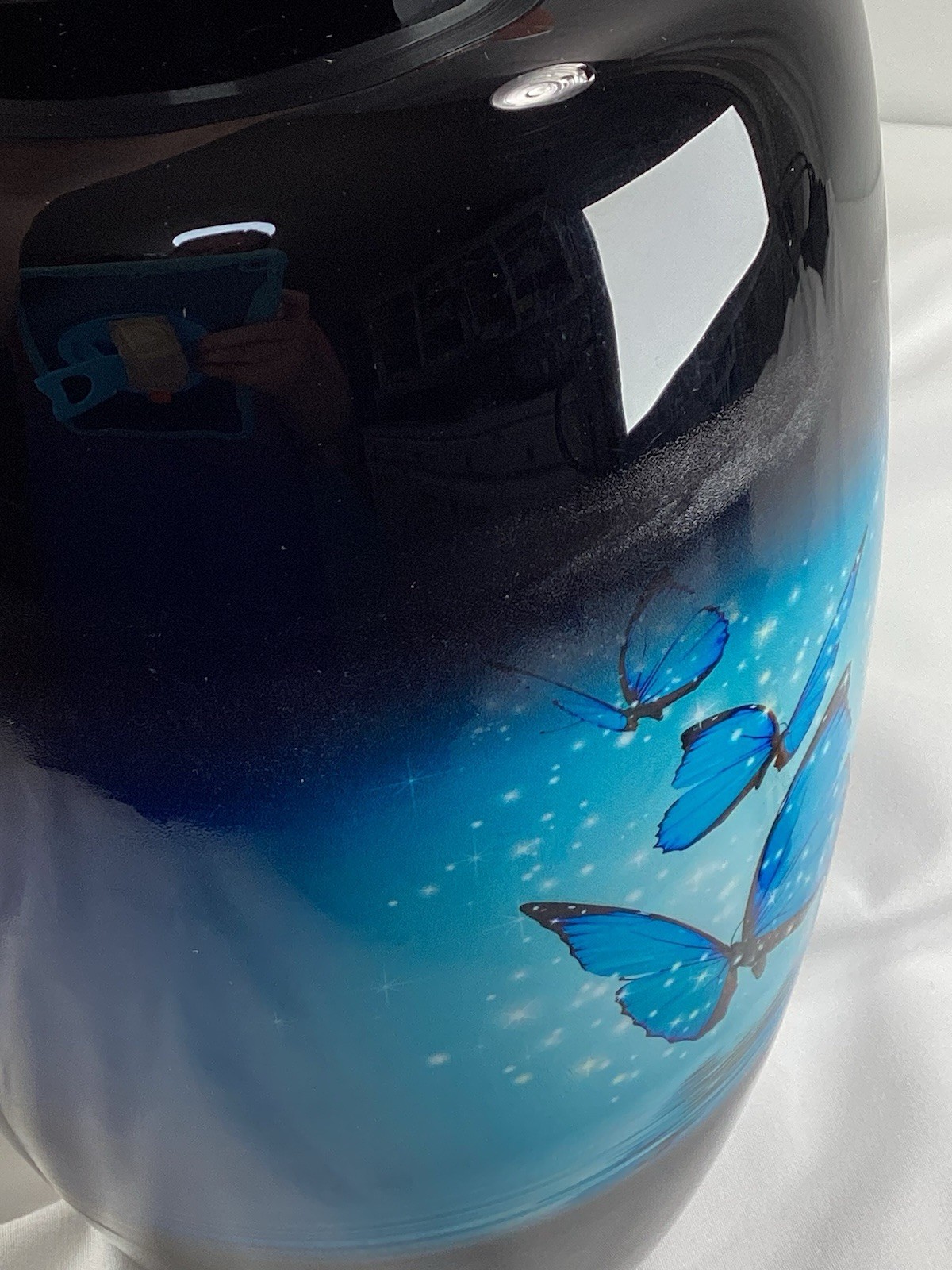 Blue Butterfly Urn, capacity for 200 lbs adult. Roller marks on glaze, see Pics