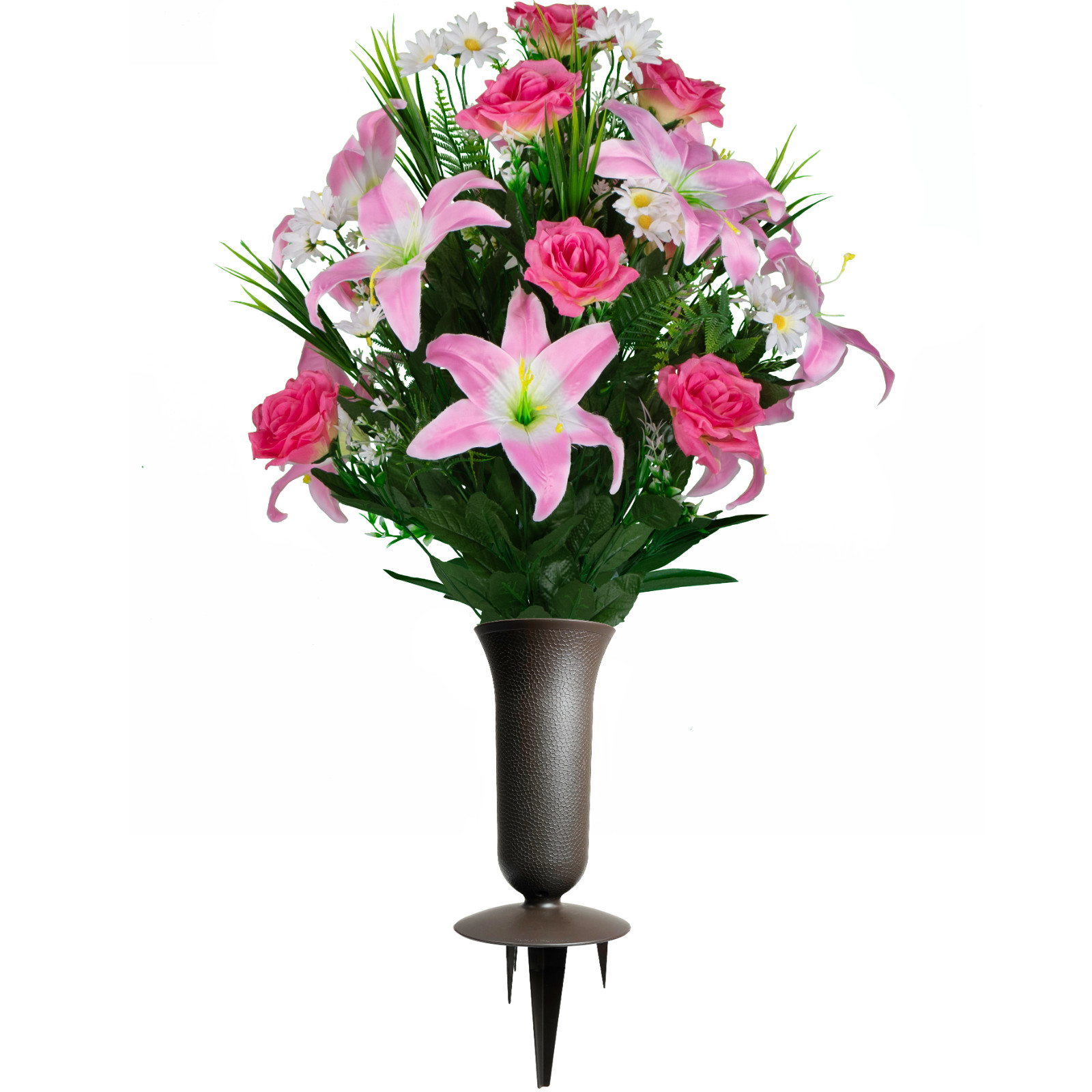 Artificial Cemetery Flowers – Pink Lily and Rose with White Daisies and Vase