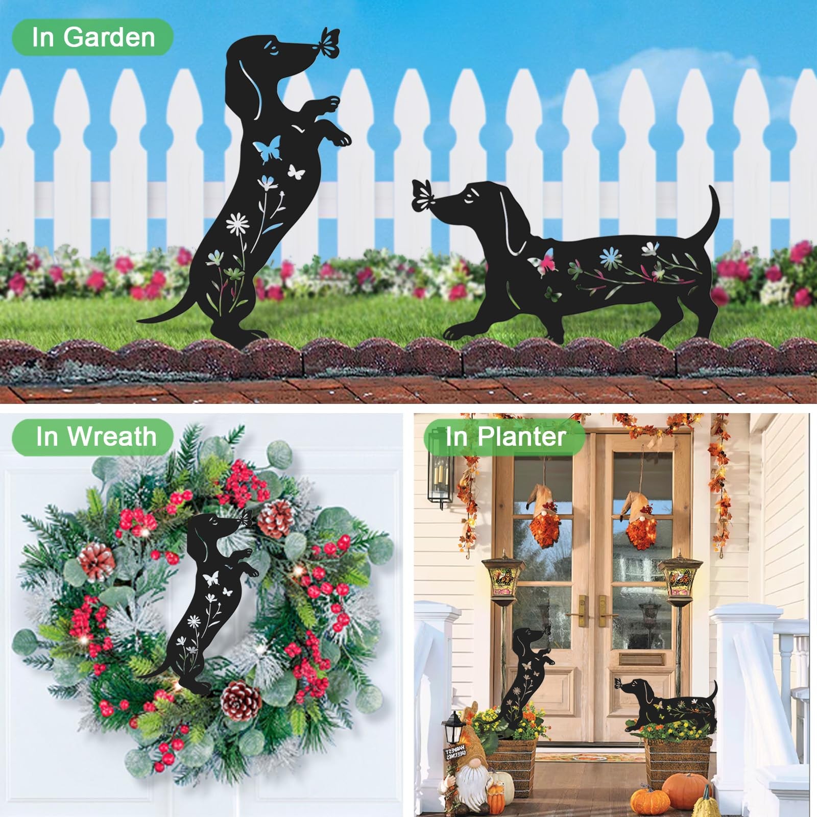 Pack 2 Dog Metal Garden Decor for Outside,Dachshund Silhouette Garden Stakes,…