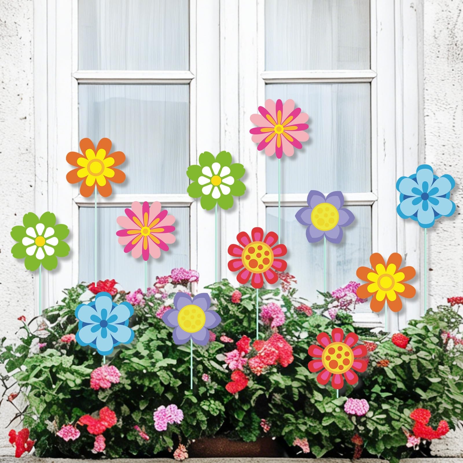 12Pcs Colorful Floral Garden Stakes for Spring Party, Patio, Yard Decor