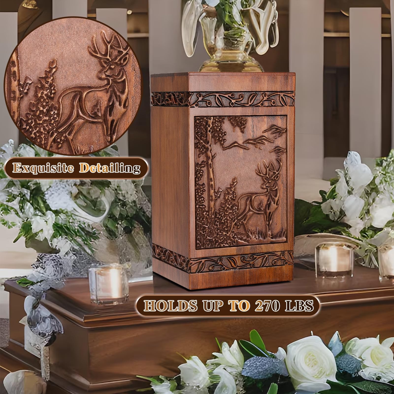 Wooden Cremation Urn for Human Wood Ashes Engraved Deer Decorative Funeral Ur…