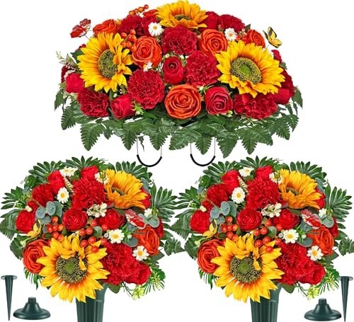 Cemetery Flowers with Grave Vase & Headstone Saddle – Red Sunflower, Rose, Daisy