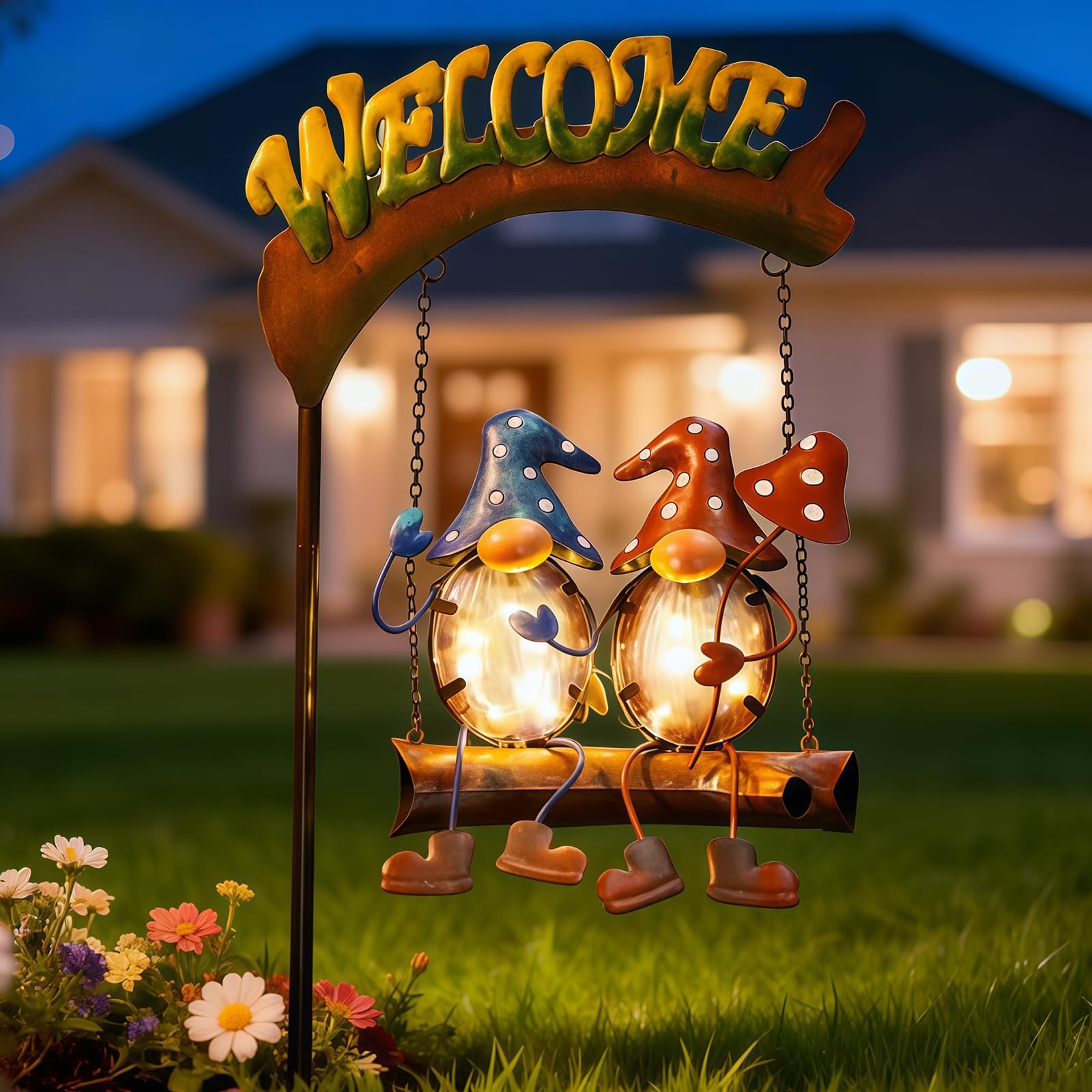 Gnomes Garden Decor Solar Lights, 48 Inch Welcome Sign Swing Yard Decorations…