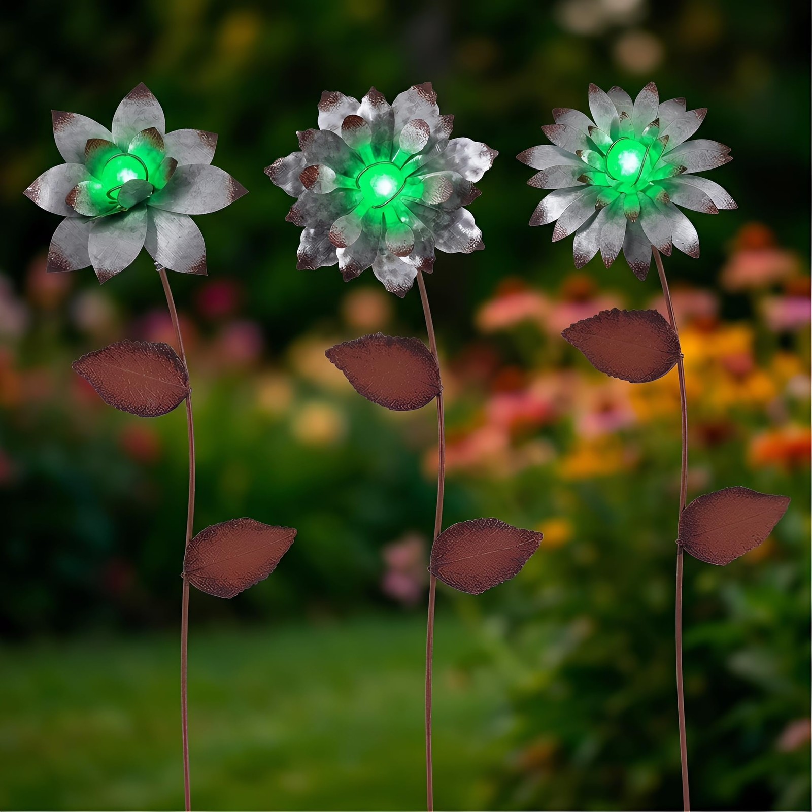 Topadorn 3-Pack Metal Flower Solar Garden Stakes – Waterproof Rust-Proof Glow…