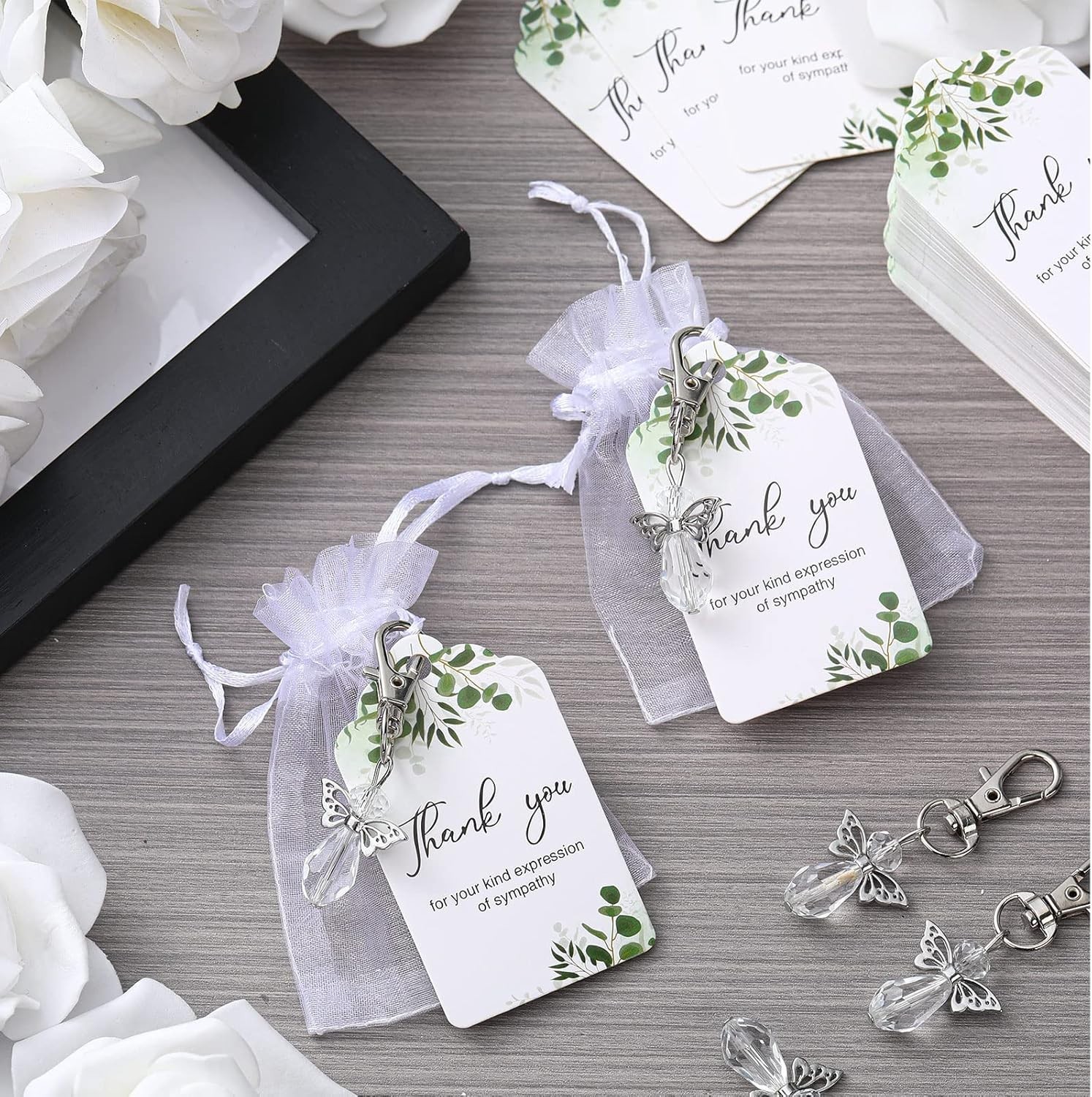 60 Sets Memorial Favors with Angel Keychains, Thank You Tags & Organza Bags