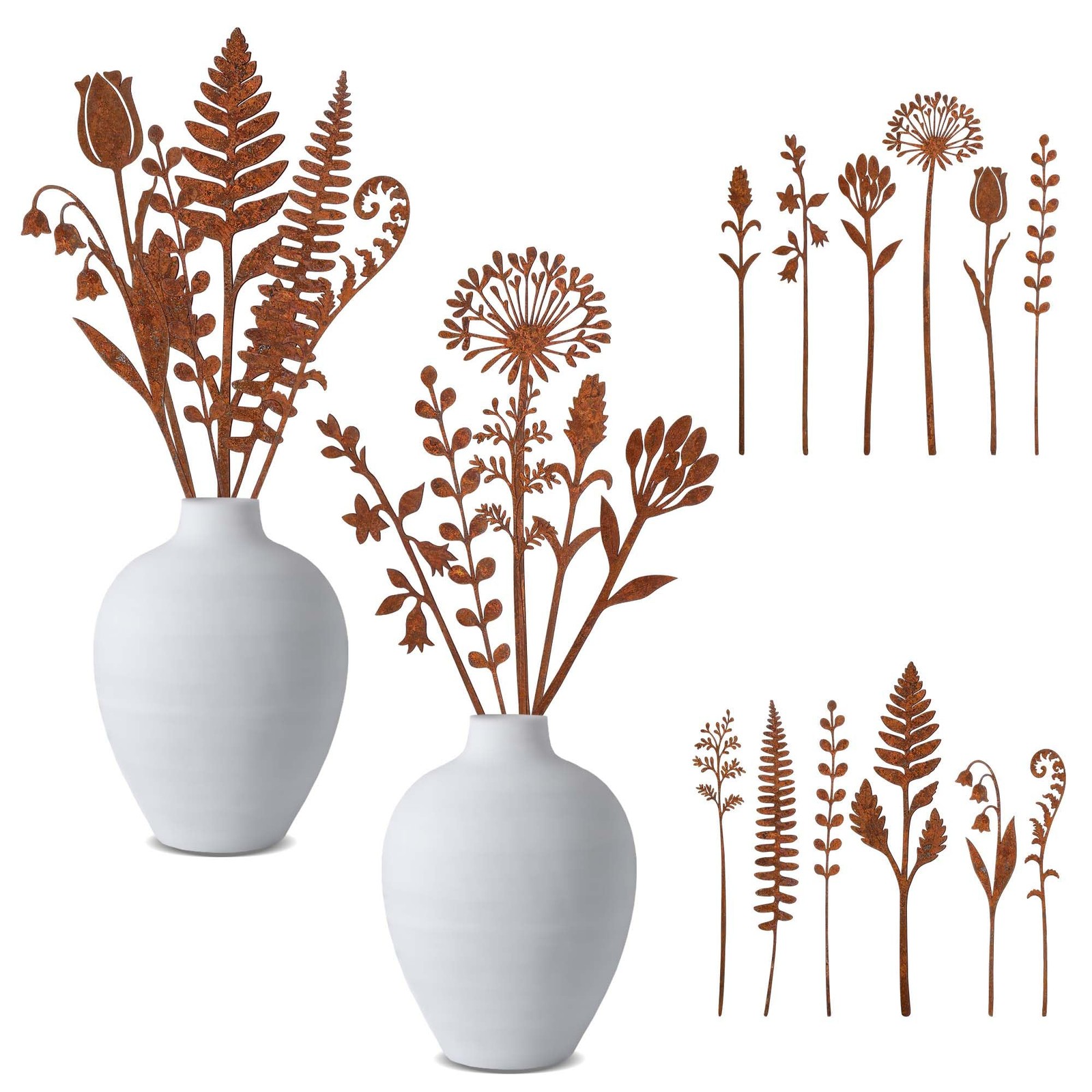 12 Pcs Rusty Metal Flower Garden Stakes for Outdoor Plant Decoration
