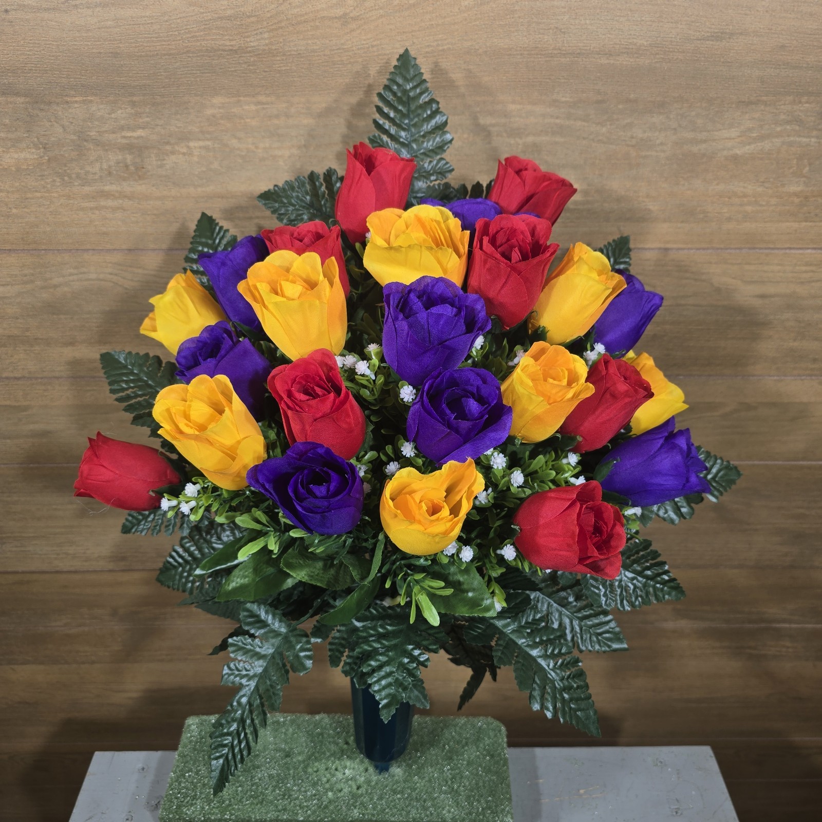 Red, Yellow, and Purple Rosebud Memorial Vase Arrangement with Baby’s breath