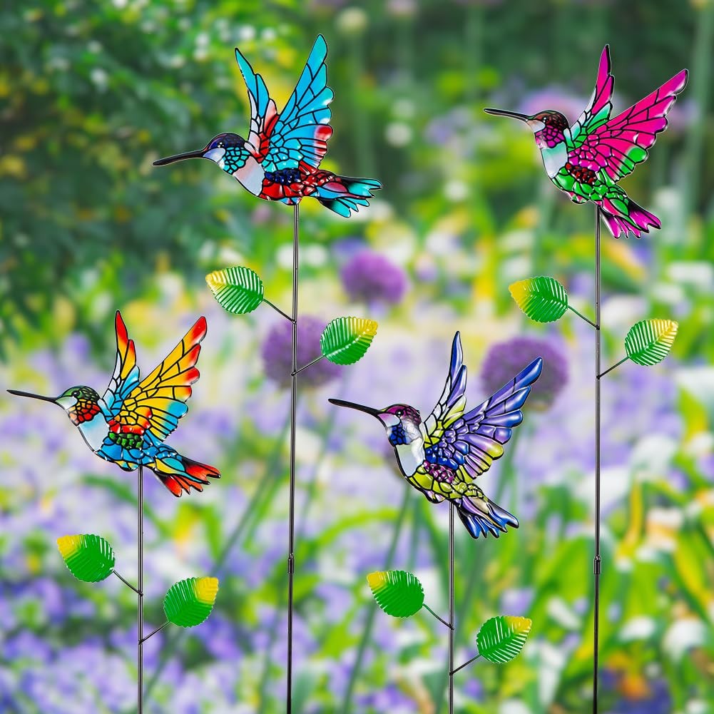 Hummingbird Garden Stakes 4 Pack Metal Yard Art for Outdoor Decor