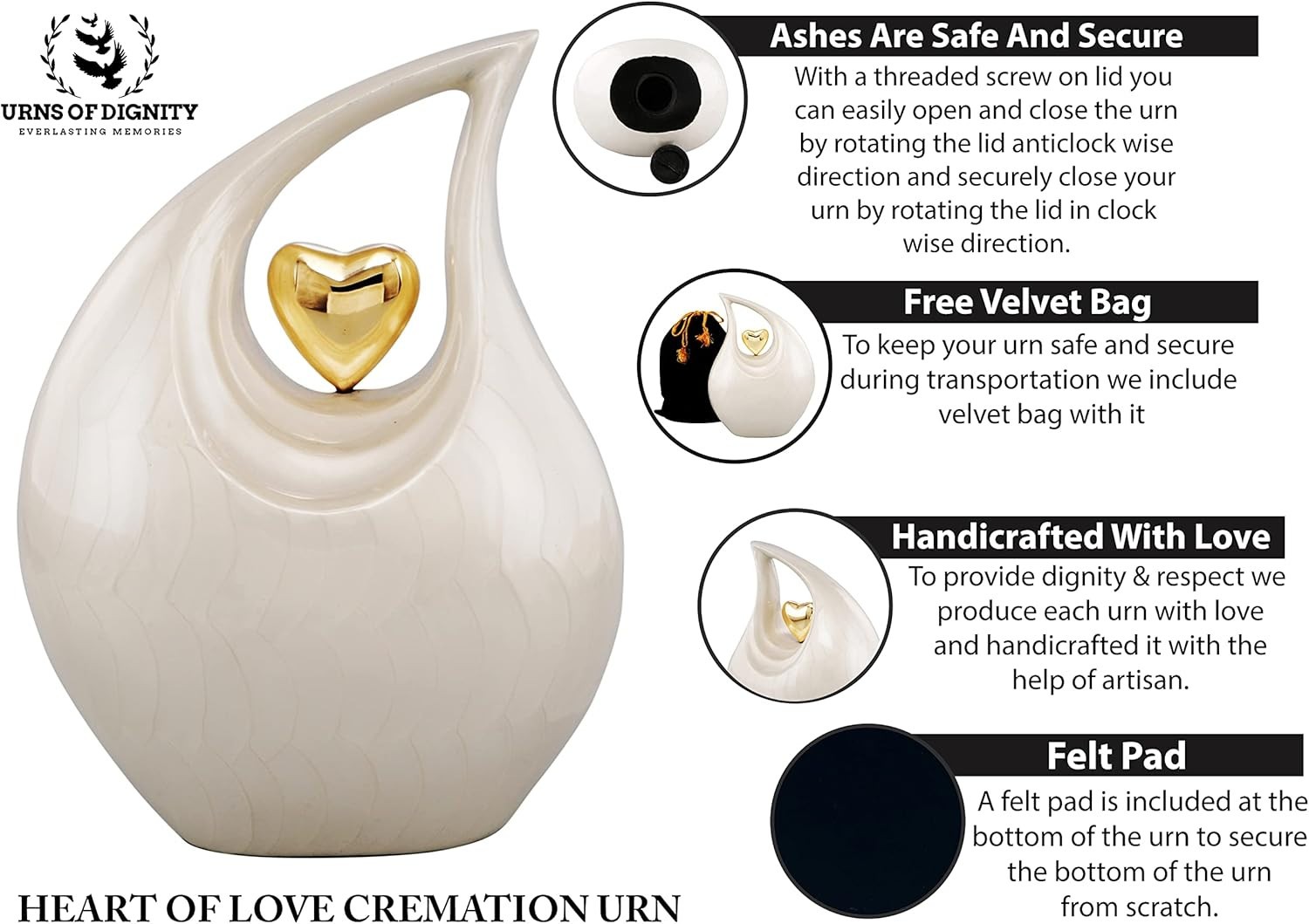 Heart of Love Cremation Urn for Adult Human Ashes, 12in, White With Gold Heart