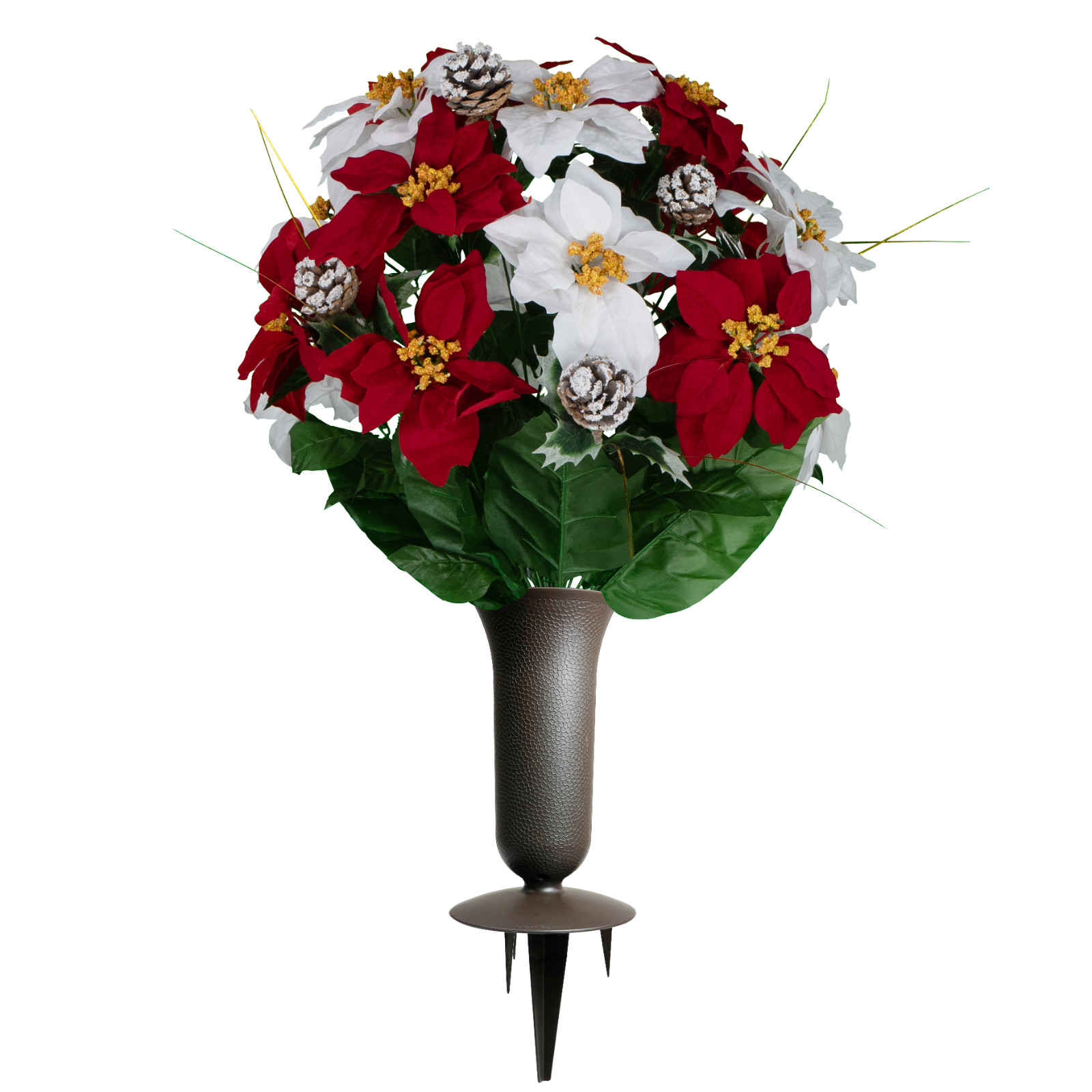 Artificial Red & White Poinsettias with Frosted Pinecones Bouquet with Vase