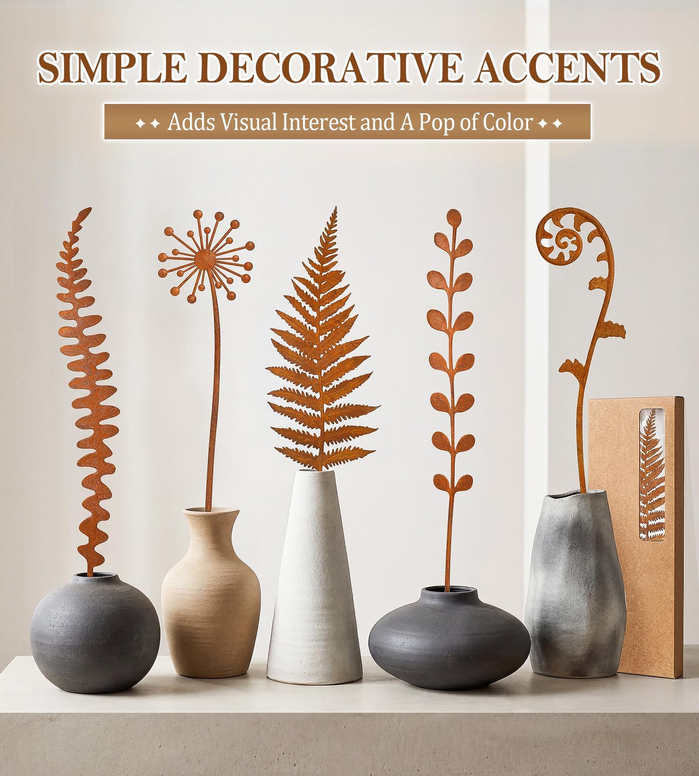 Metal Decorative Garden Stakes,15.7 Inch Rusty Fern Plant Yard Art Stakes for…