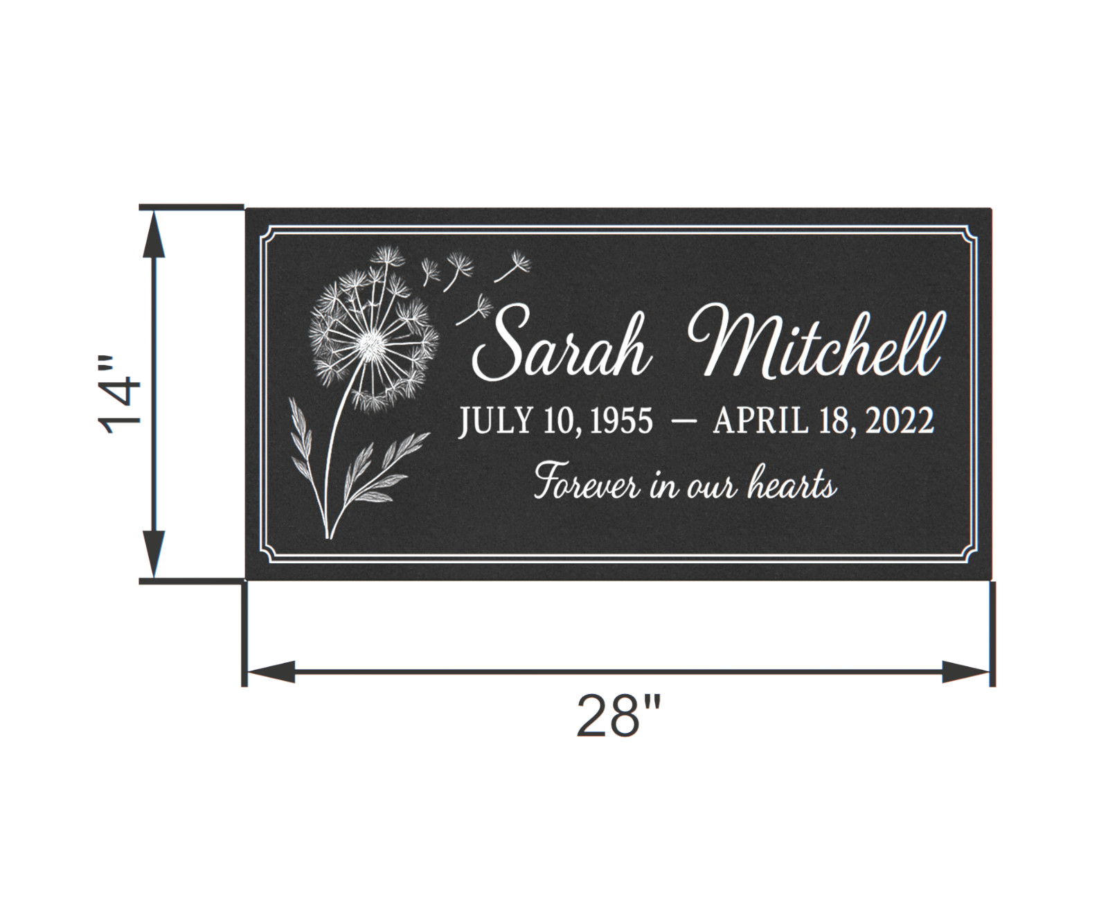 Custom Black Granite Headstone 28x14x3 – Dandelion Design