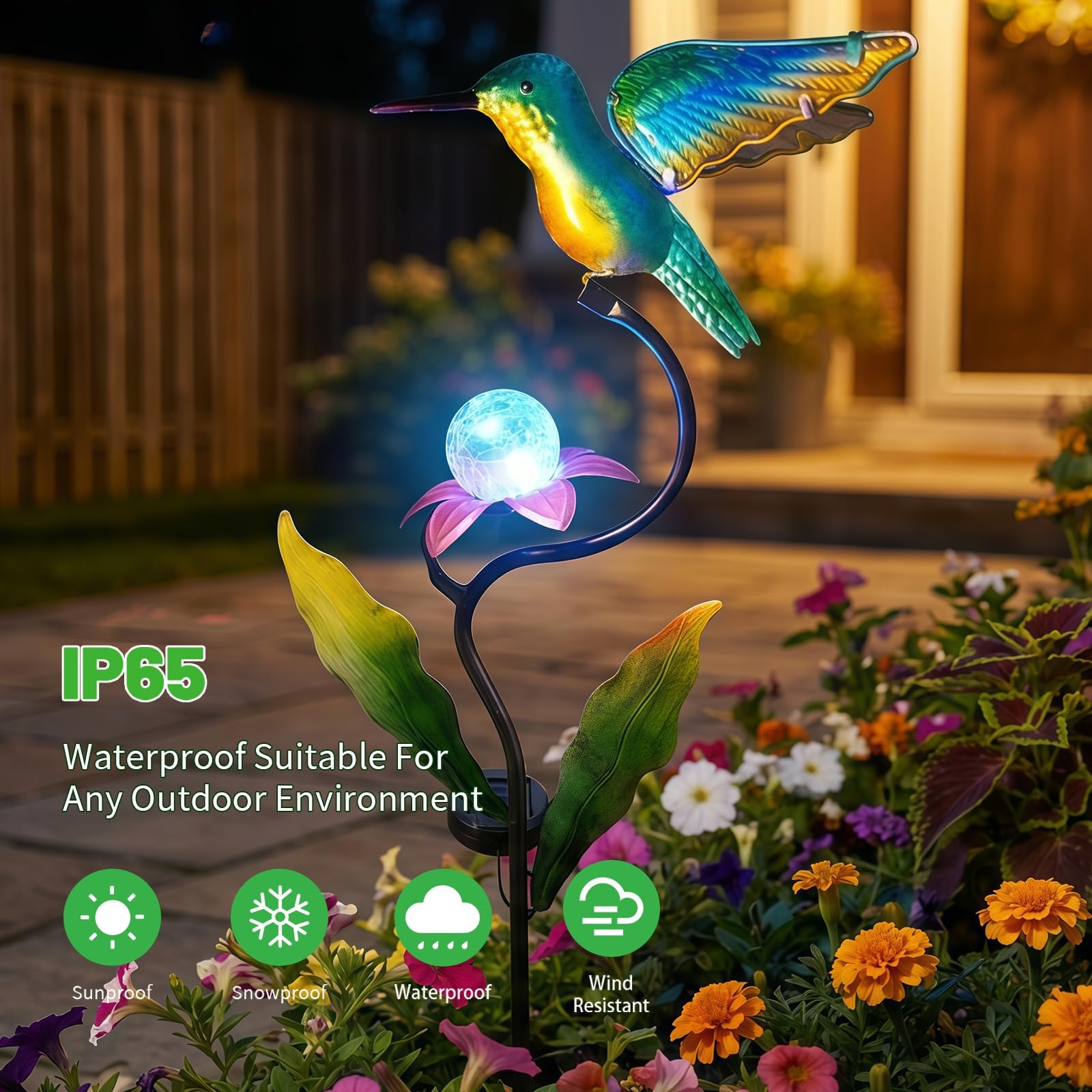 HONGLAND 46 Inch Solar Hummingbird Lights, Solar Garden Decor with Cracked Gl…
