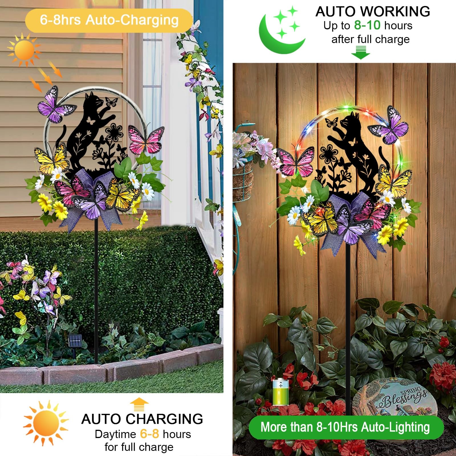 Solar Cat Lights for Garden – Waterproof Stake with Butterflies, Great Gift