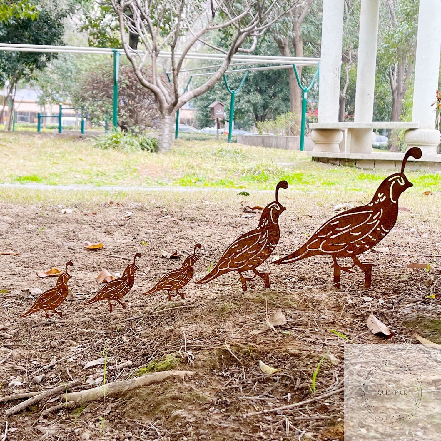 5PCS Rusty Quail Family Decorative Garden Stakes, Metal Birds Yard Decor, Bird