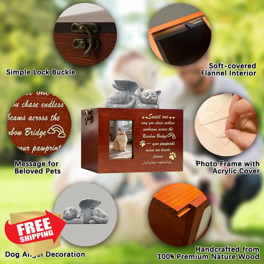 Cat Urn Large Red Brown Rainbow Wooden Cremation Box Photo Frame
