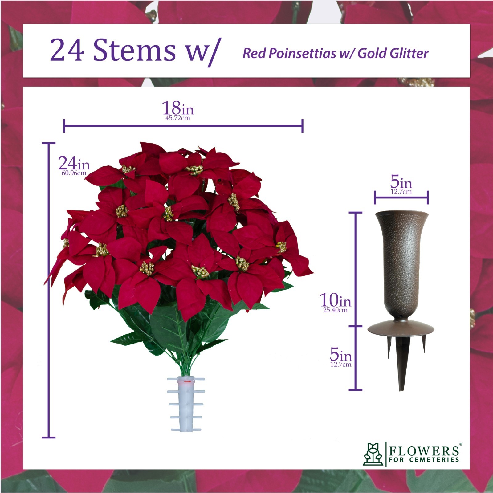 Artificial Cemetery Flowers – Red Poinsettias with Gold Glitter and Vase