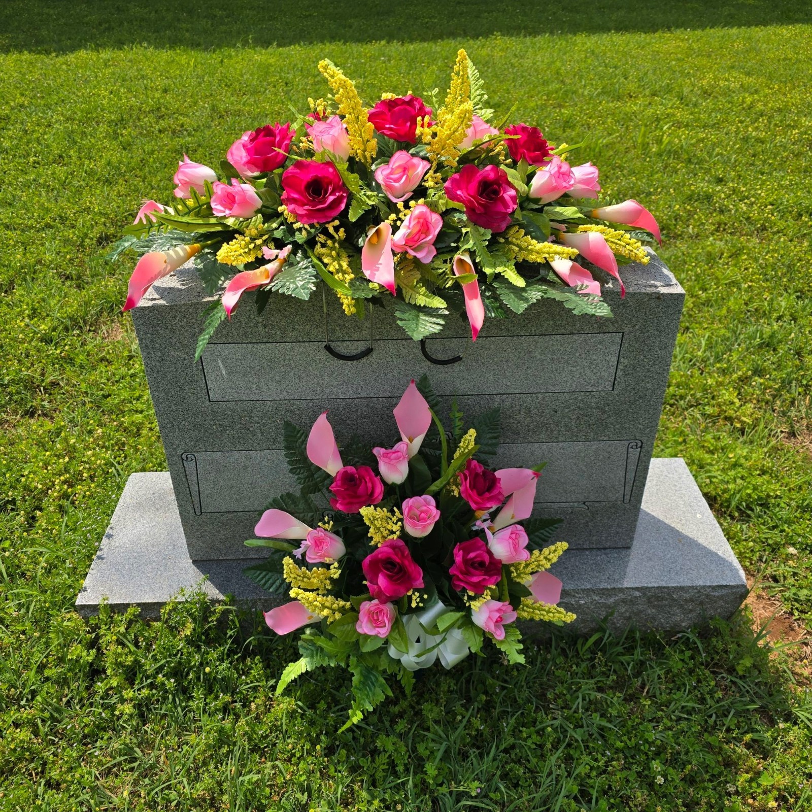 Beauty Pink Rose & Calla Lily Headstone Saddle with Cemetery Cone