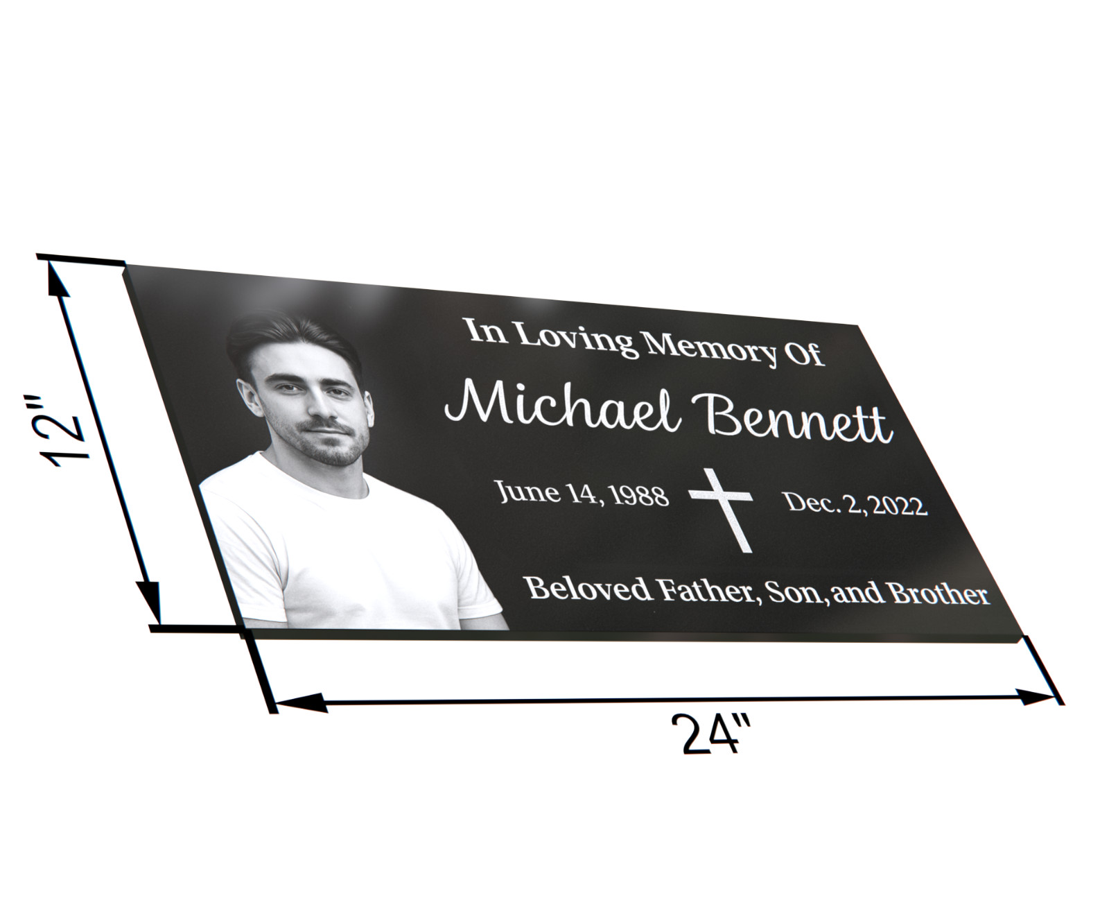 24×12×4″ Black Granite Grave Marker – Custom Portrait & Engraving & Cross