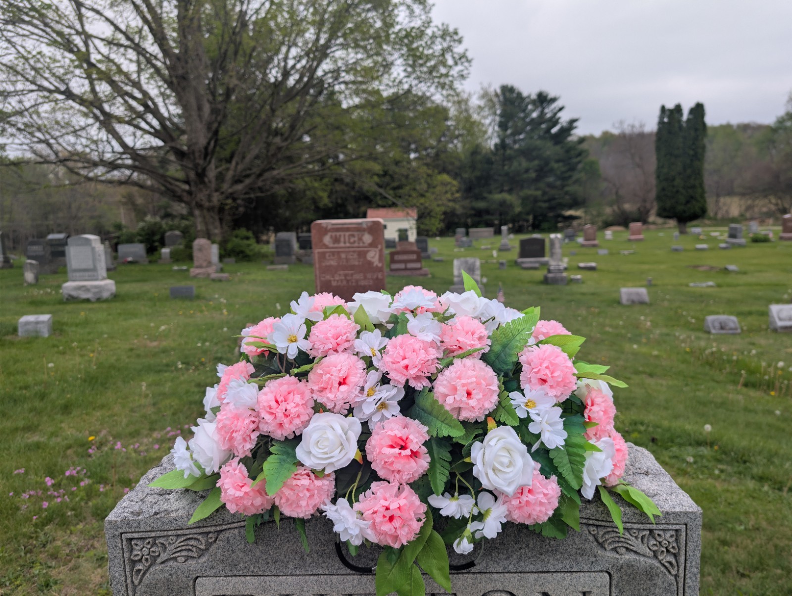 Pink White Cemetery Saddle- Spring Memorial Arrangement -Mother’s Day Flowers