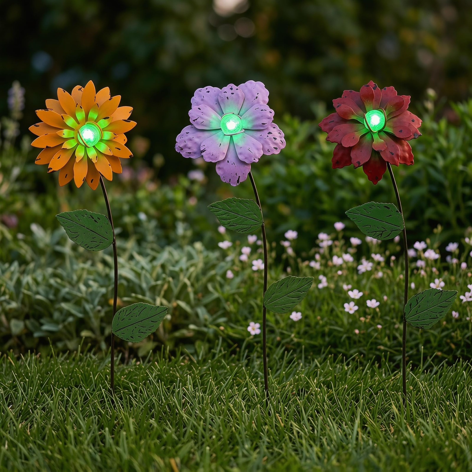 3 Pack Glow in the Dark Flower Garden Stakes, Metal Outdoor Yard Decor with S…