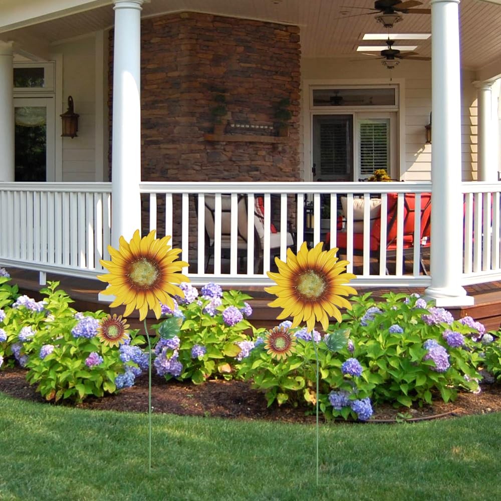 Metal Sunflowers Garden Stakes 2 Pack 33″ Outdoor Shaking Head Yard Art