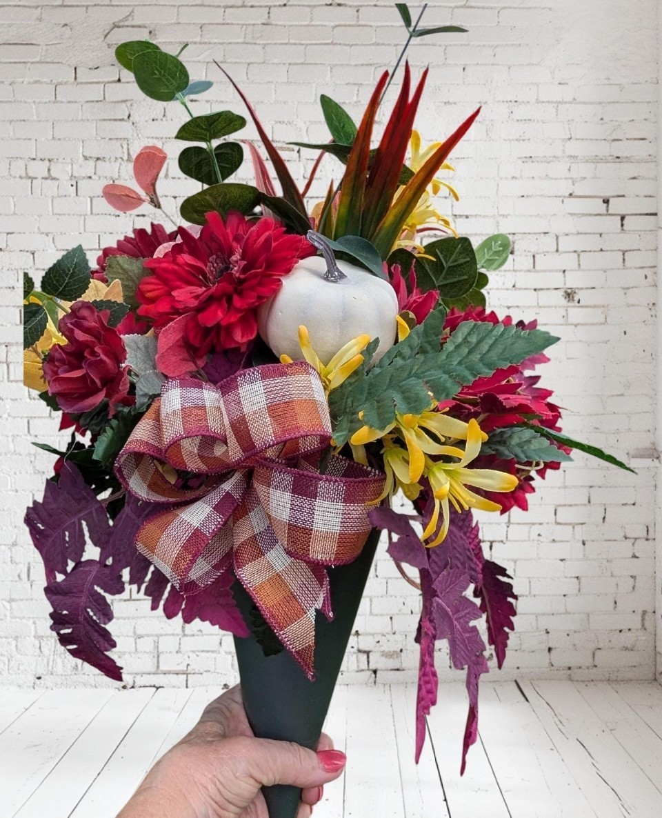 Fall Cemetery Cone Vase Arrangement: Burgundy & Yellow Floral Memorial