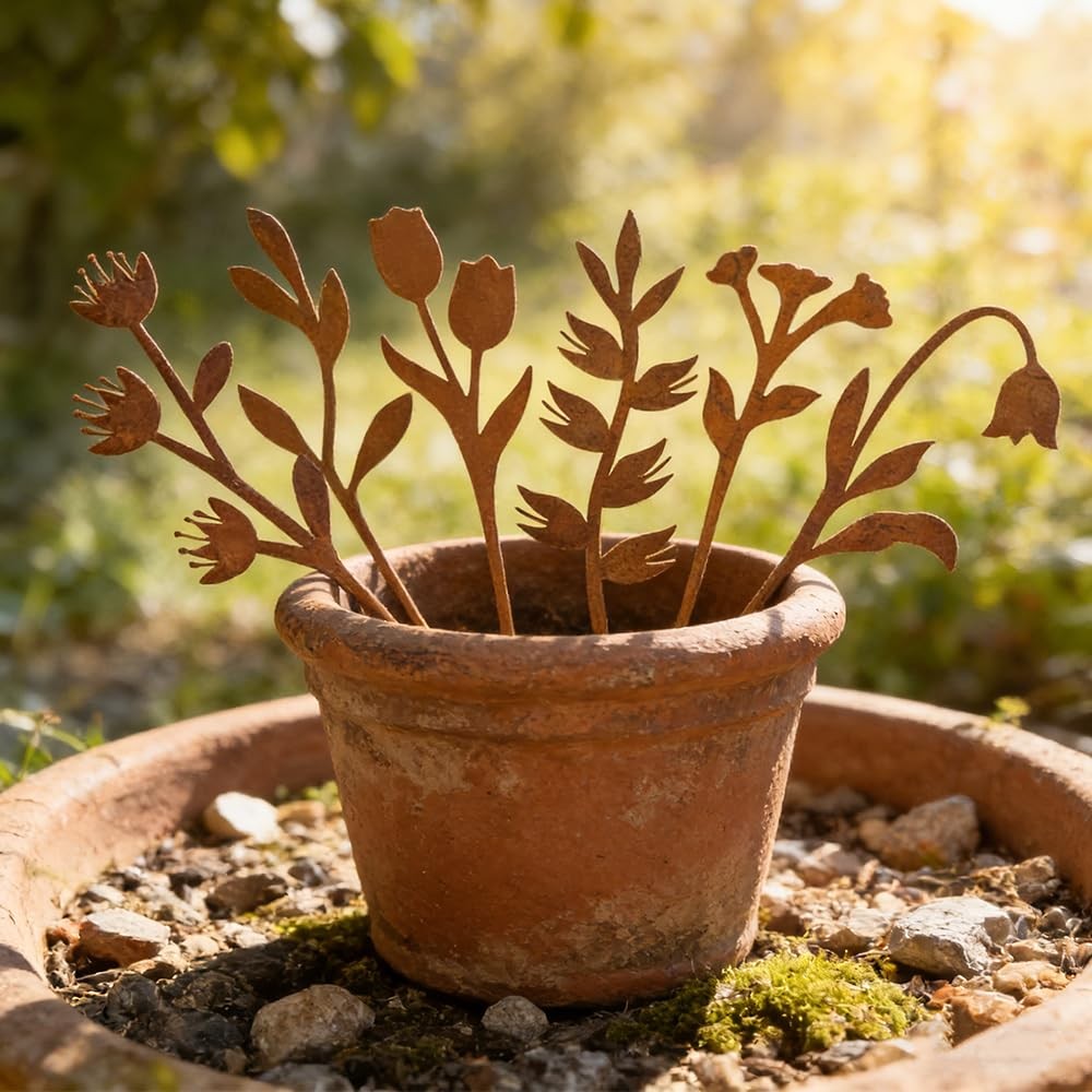 Garden Decor for Outside, 6 Pcs Rusty Metal Flower Garden Stakes with Fern Leaf