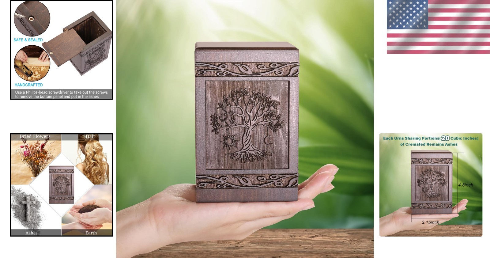Handcrafted Pine Wood Urn for Ashes – 20 Cubic Inches, Retro Tree of Life Design