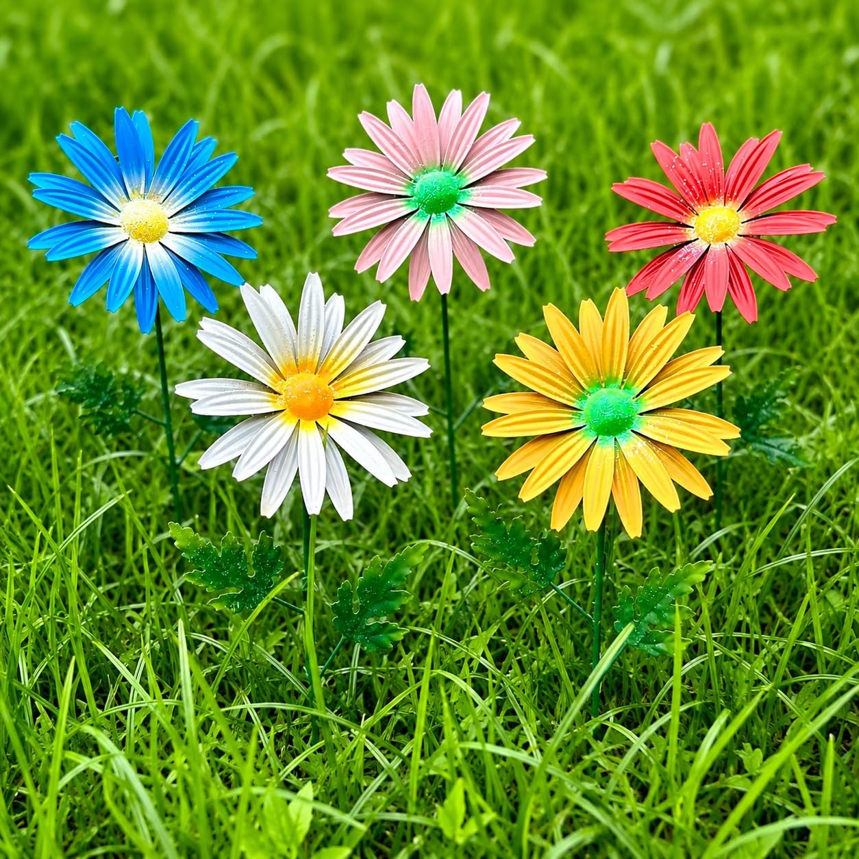 5 Pack Metal Flowers for Outside, 16.5 Inch Decorative Garden Stakes with Spr…
