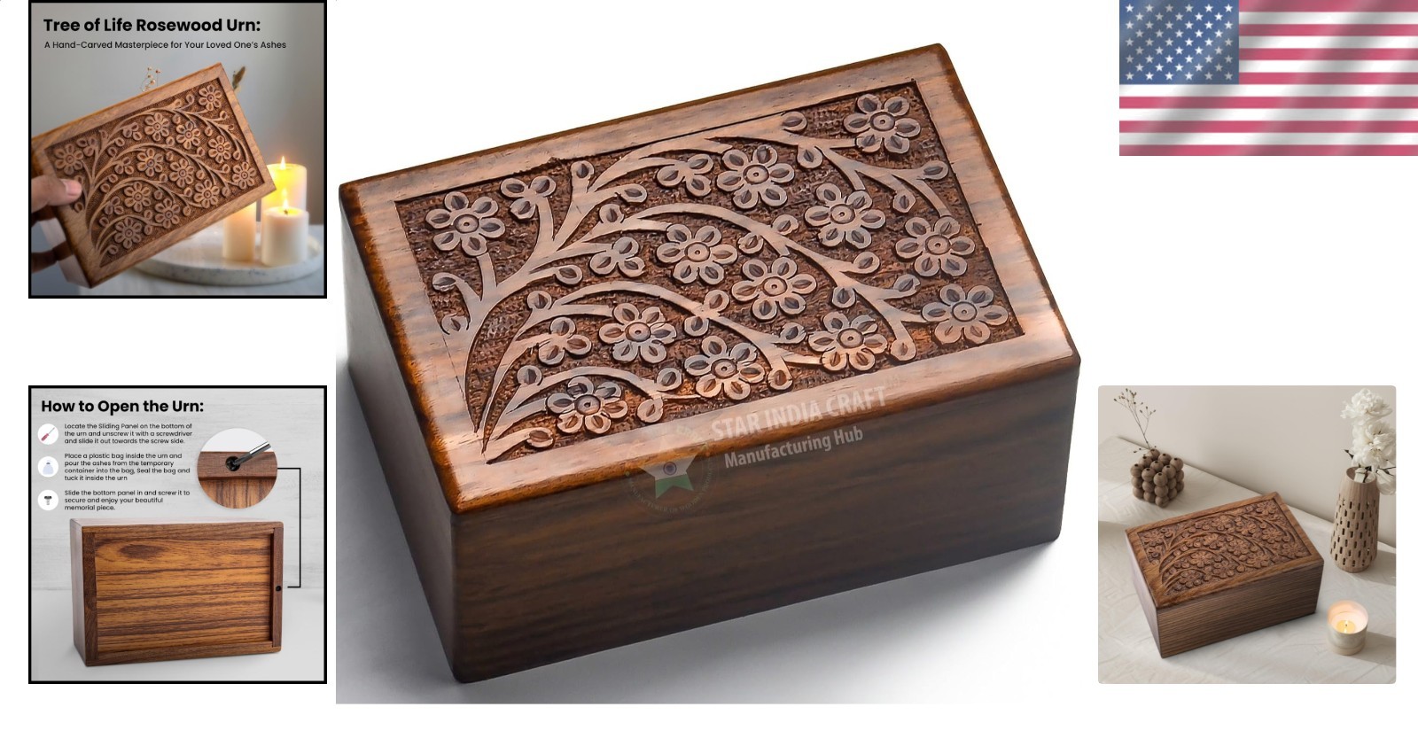 Elegant Urn Rosewood Tree Life Engraving Adult Human Ashes Memorial Home Display