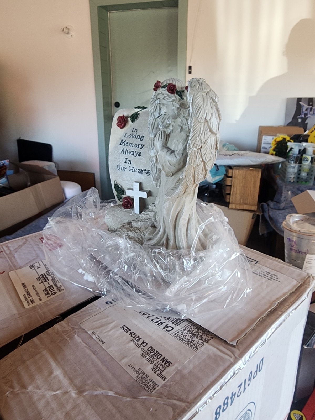 Angel Memorial Statue with Cross and ‘In Loving Memory Always In Our Hearts’