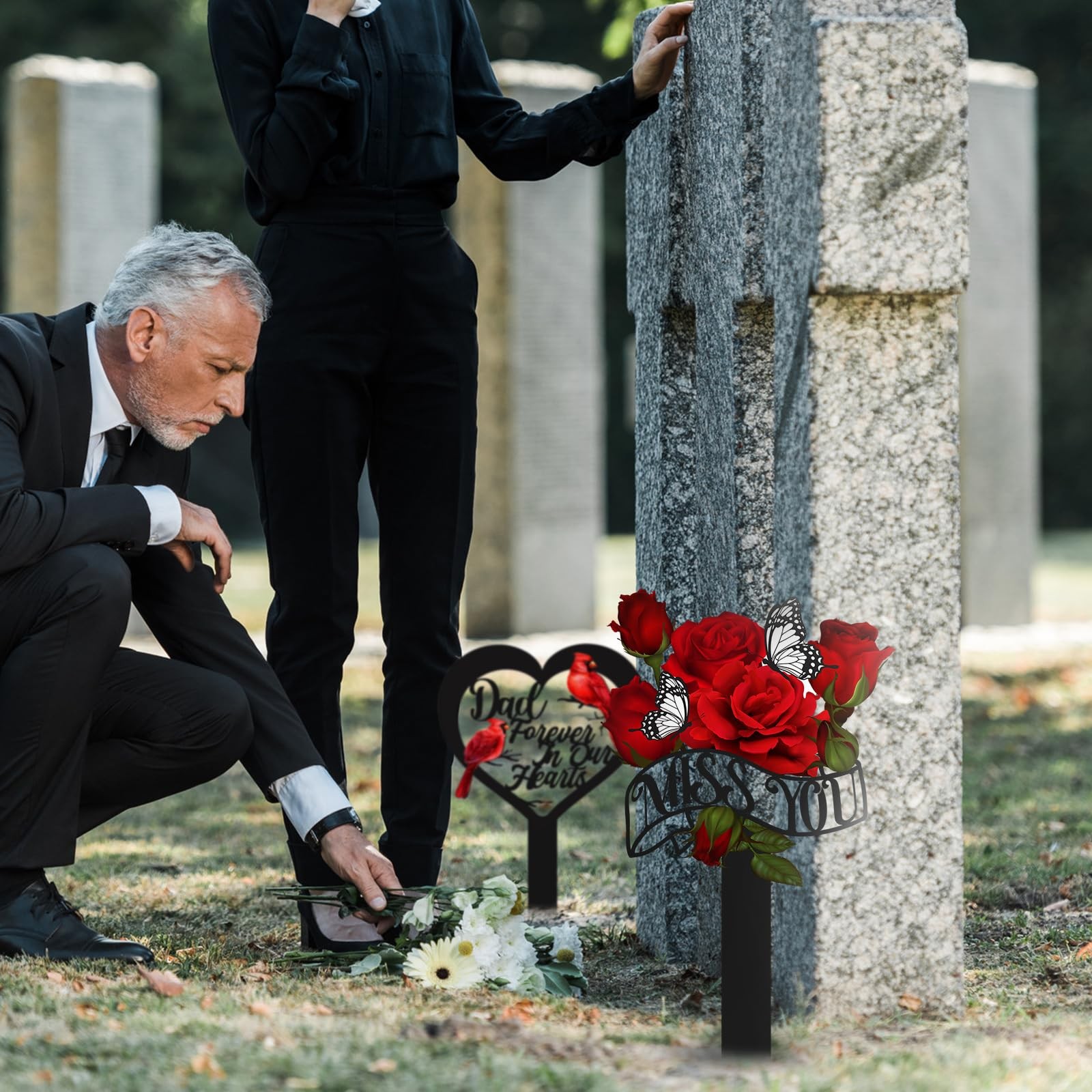 Father’s Day Grave Decorations 2 Pcs Metal Rose Memorial Markers for Dad