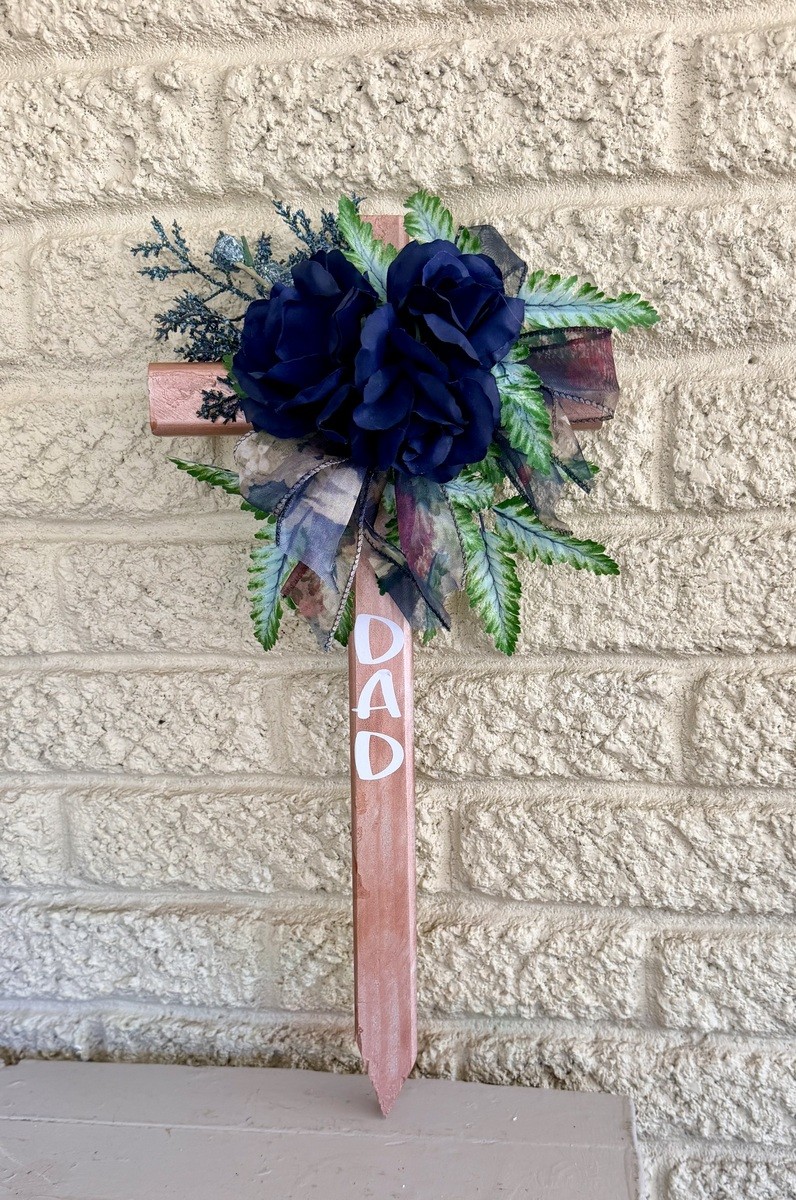 Hand-Painted Pine Cemetery Cross: Navy Blue Roses Dad Grave Decoration