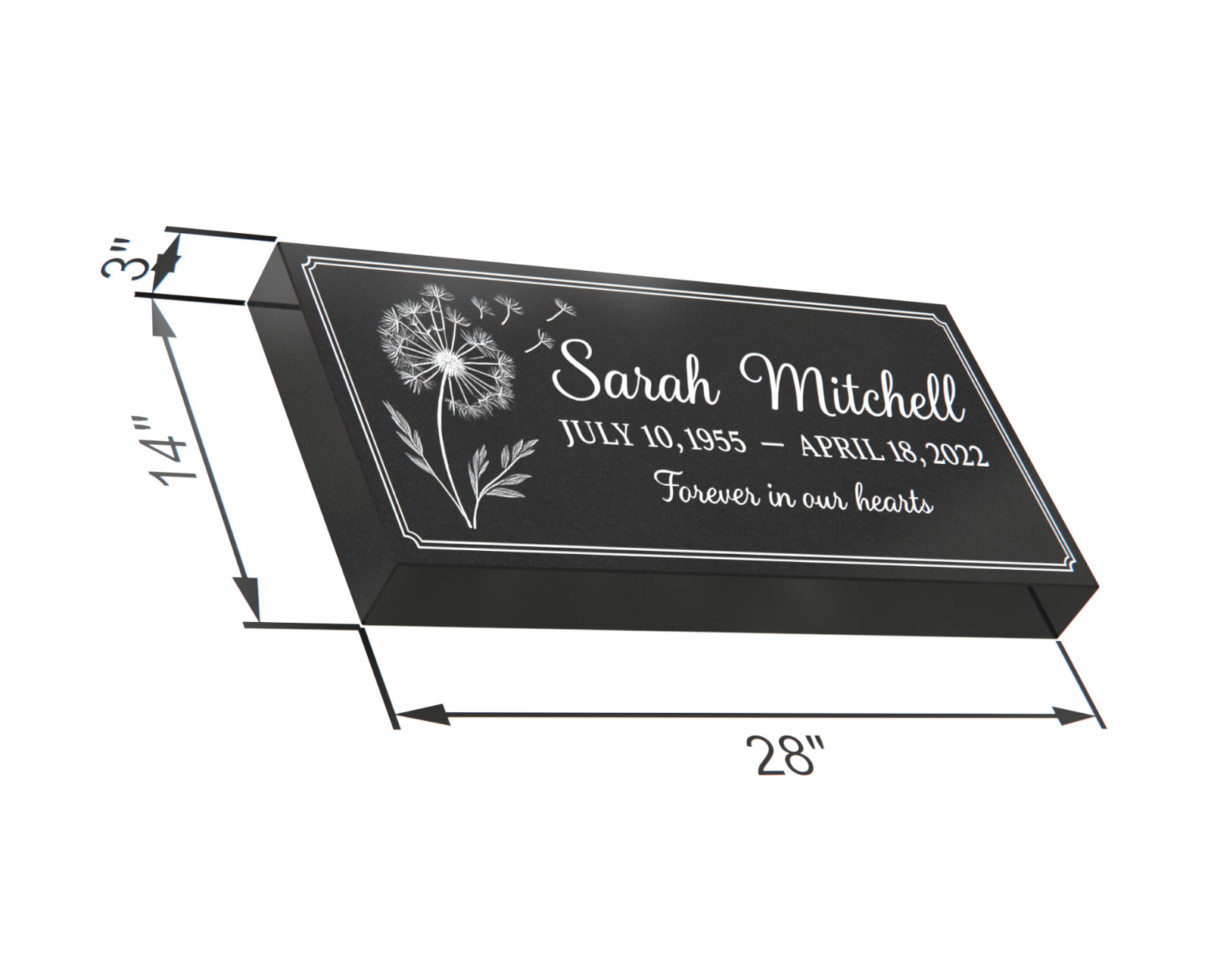Custom Black Granite Stone 28x14x3 – “Forever in Our Hearts” Dandelion