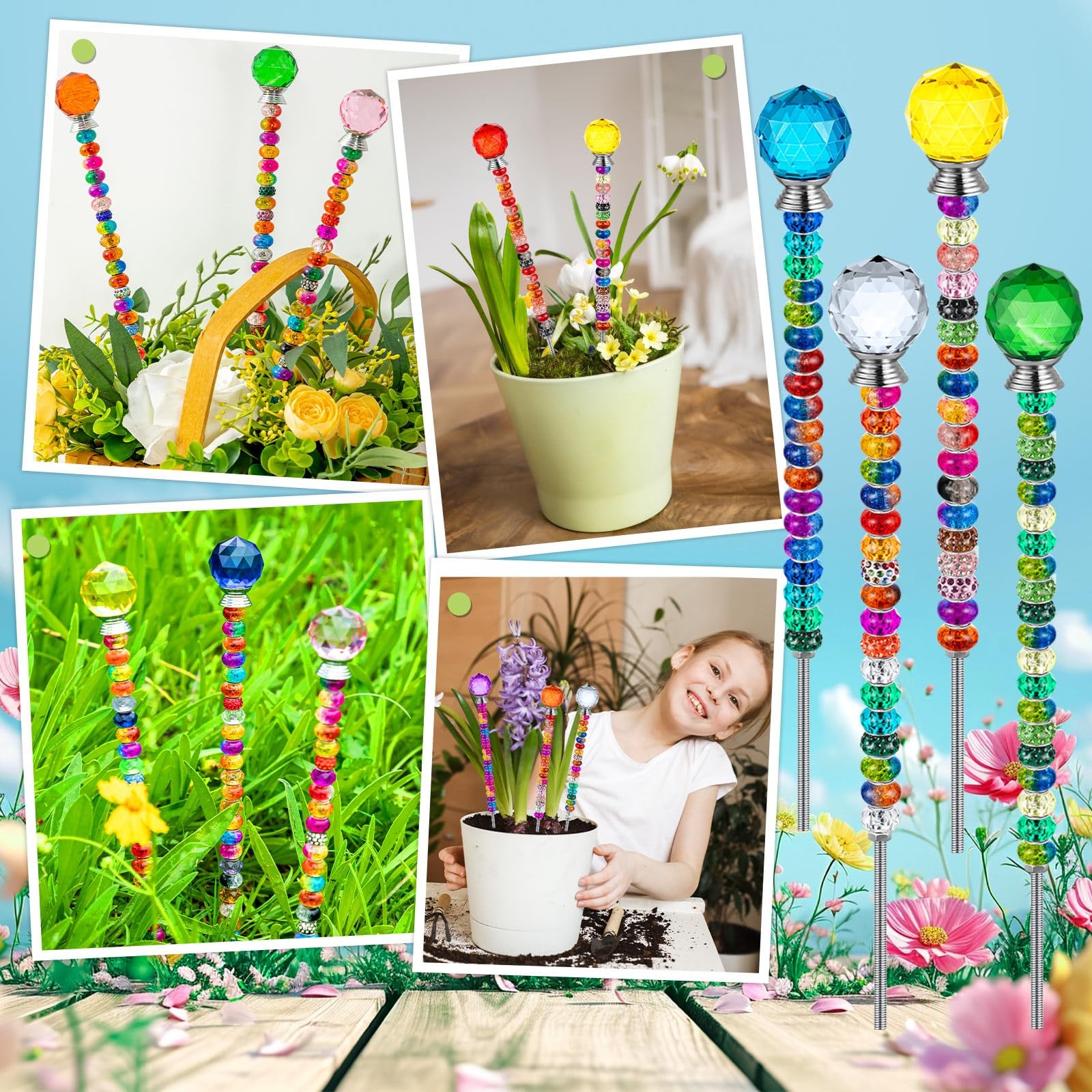 230 Pcs Beaded Garden Stakes DIY Fairy Wand Kit Colorful Outdoor Decor