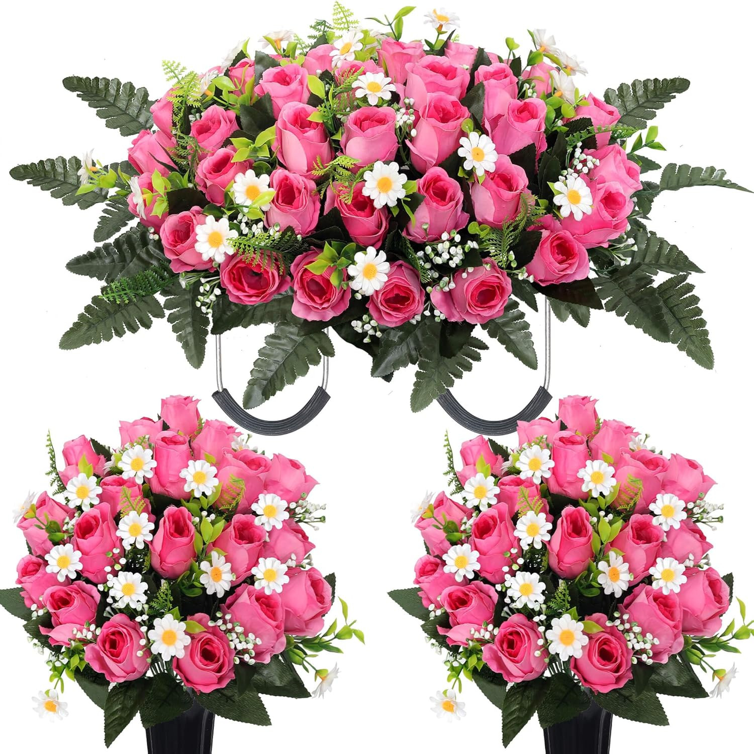 Elegant Pink Silk Flower Saddle with Vases – 3 Sets for Grave Decoration