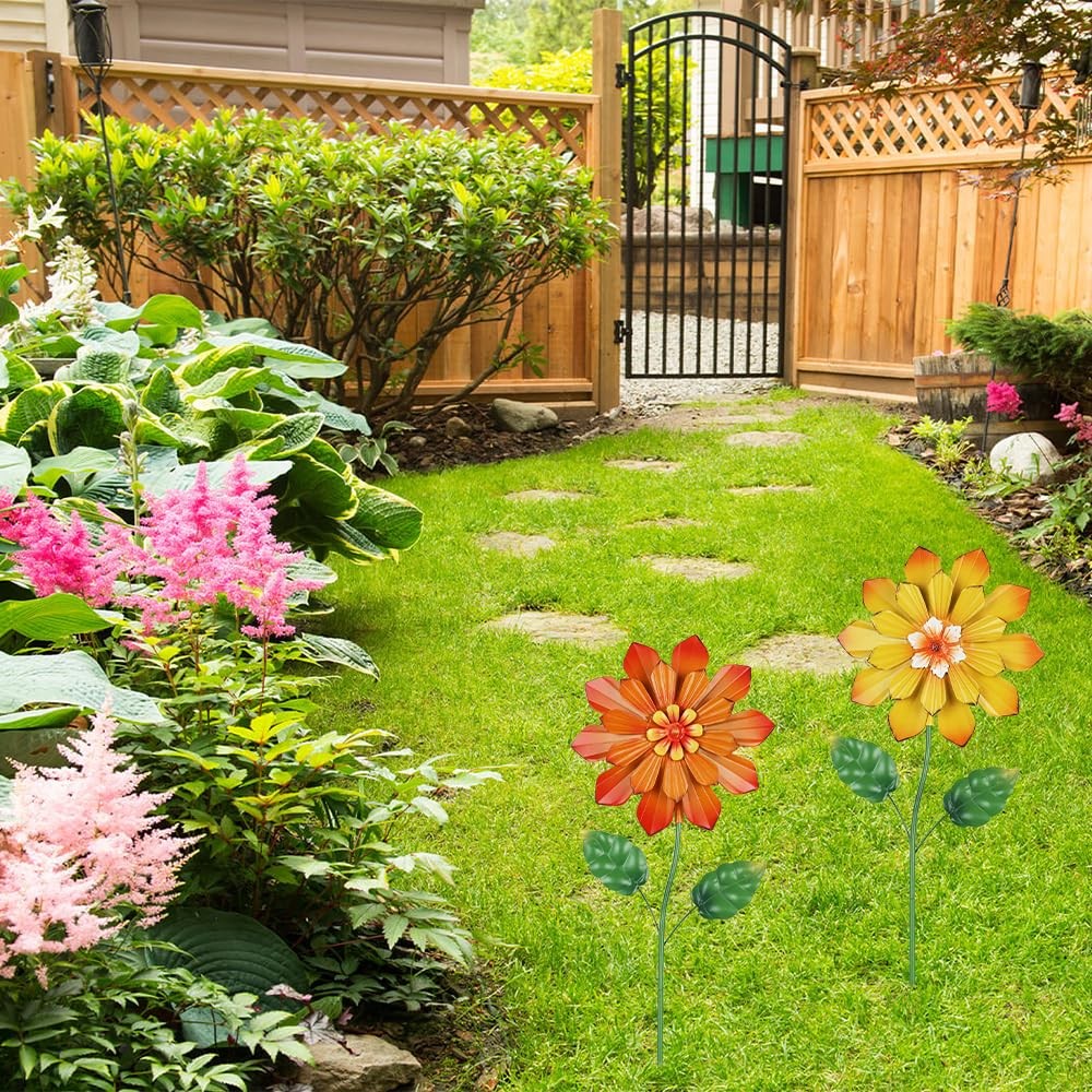 Garden Decor for Outside, Set of 2 Metal Flowers 23.6” Decorative Garden Stak…