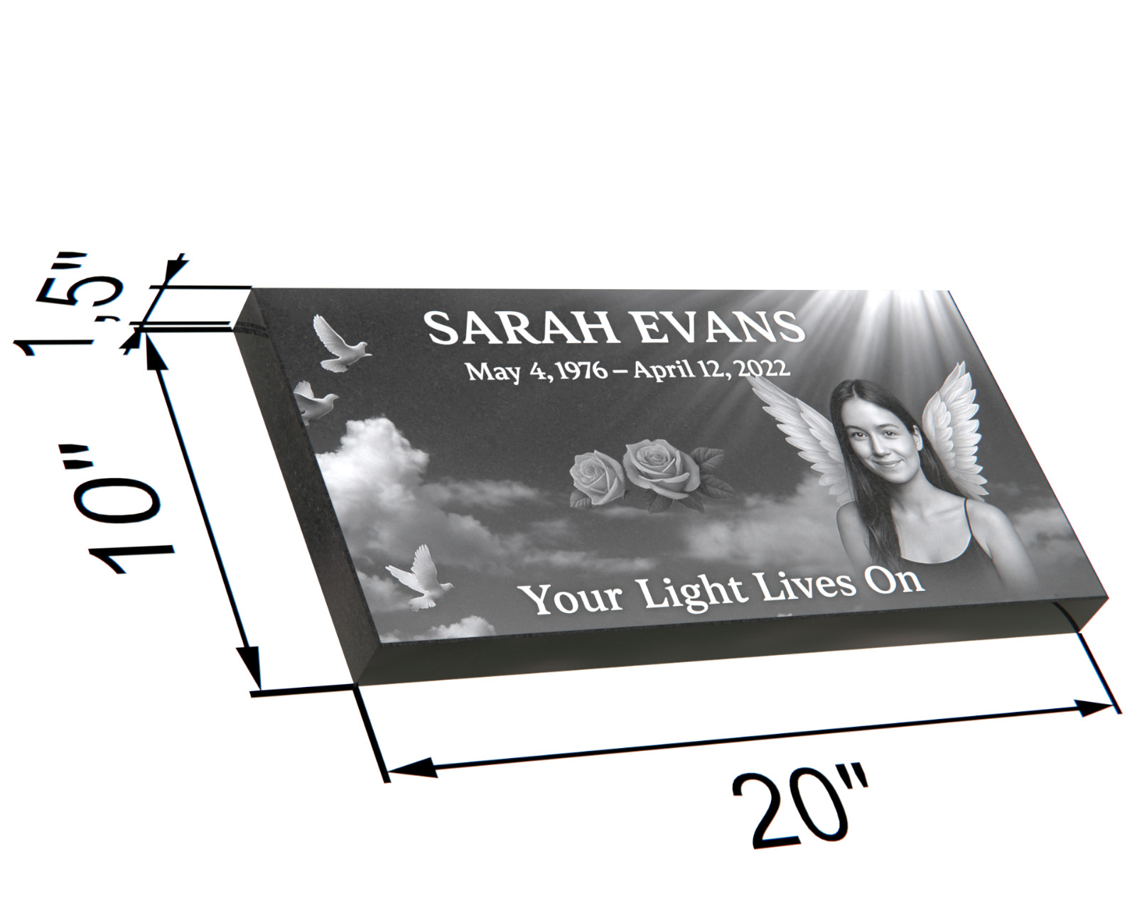Custom Black Granite Grave Marker 20″x10″- Personalized with Background & Angel