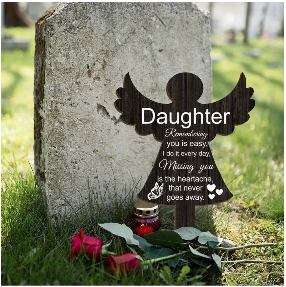 Miss You Memorial Headstone/Graveside Stake for Daughter. Black/White, 8″x5″