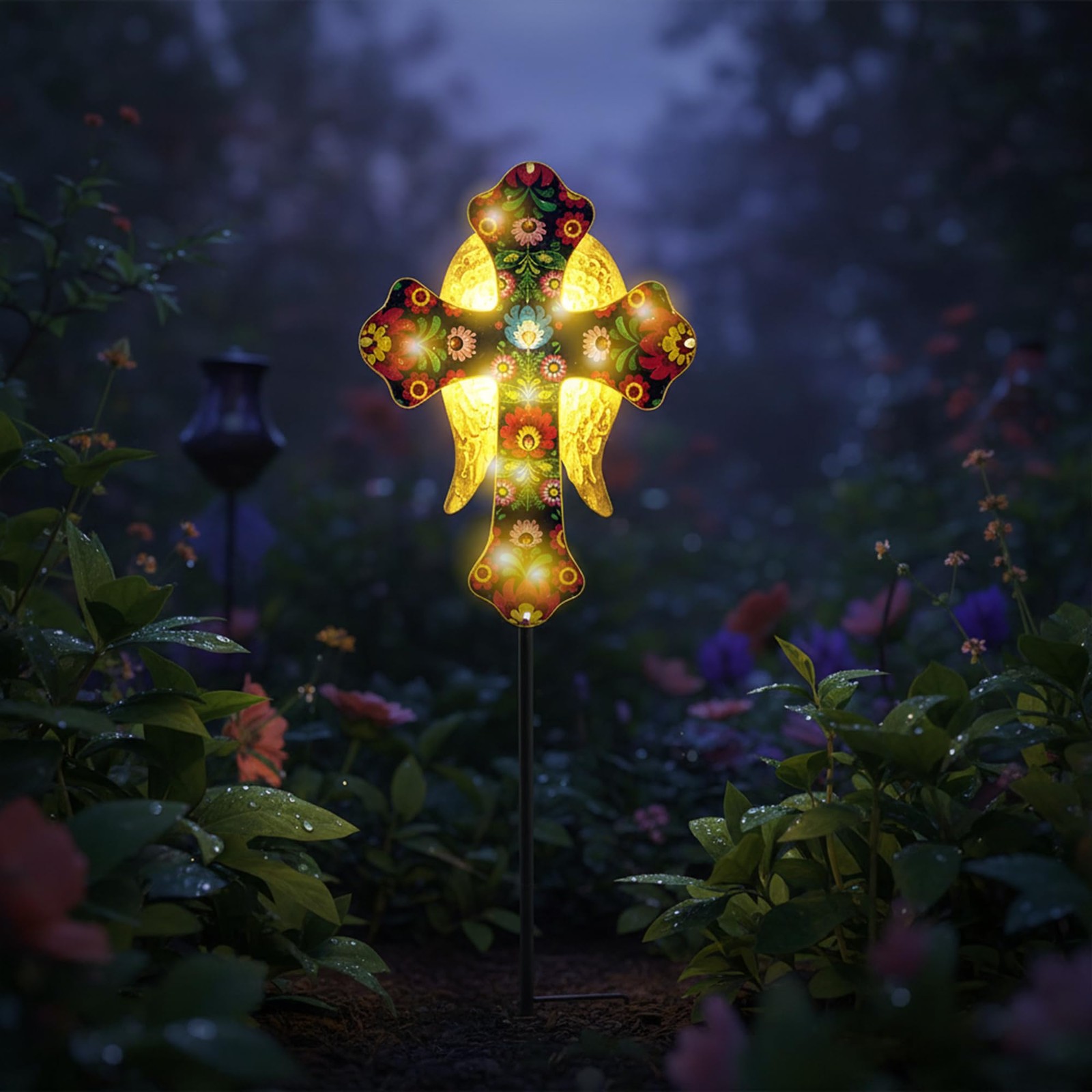 Solar Cross Lights with Angel Wings, Pink Floral Design, Memorial Garden Stake