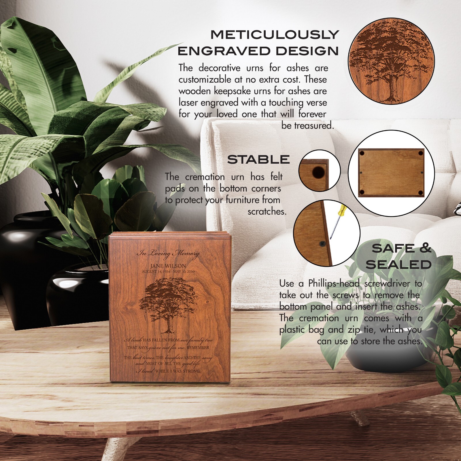 Custom Wooden Human Economy Urn Box for Ashes – A Limb Has Fallen 7.75×9.5
