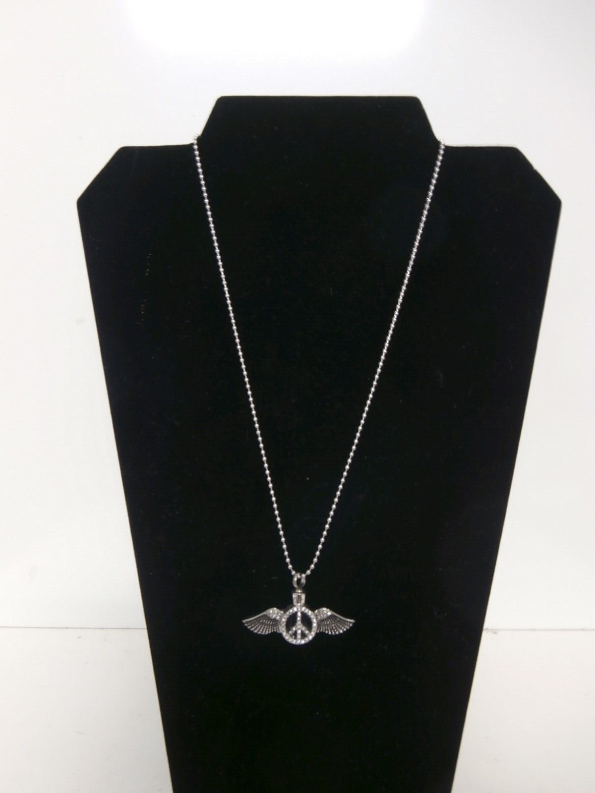 Cremation Urn Necklace Memorial Ashes Silver-Tone Peace Sign & Wings 18″ #1232